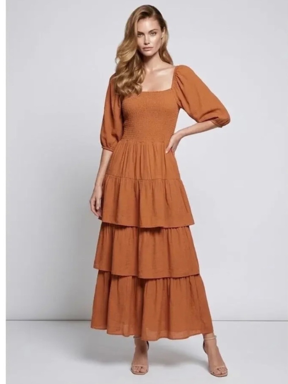 Kings Road Puff Sleeve Smocked Ruffle Maxi Dress Women Small Party Event Cottage